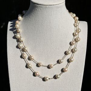 Vintage Monet Signed Double Strand Faux Pearl+Gold Chain Necklace 18"